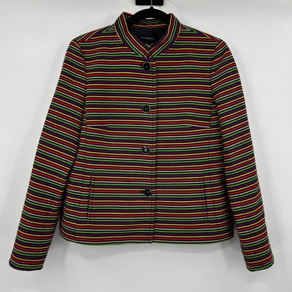 Talbots Womens Multi Color Striped Mandarin Collar Button Front Blazer‎ Jacket 8
